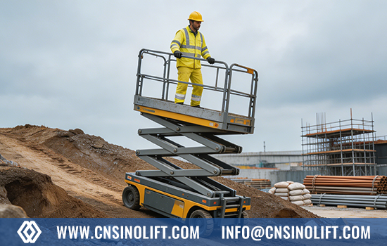 Scissor lift driving on a slope